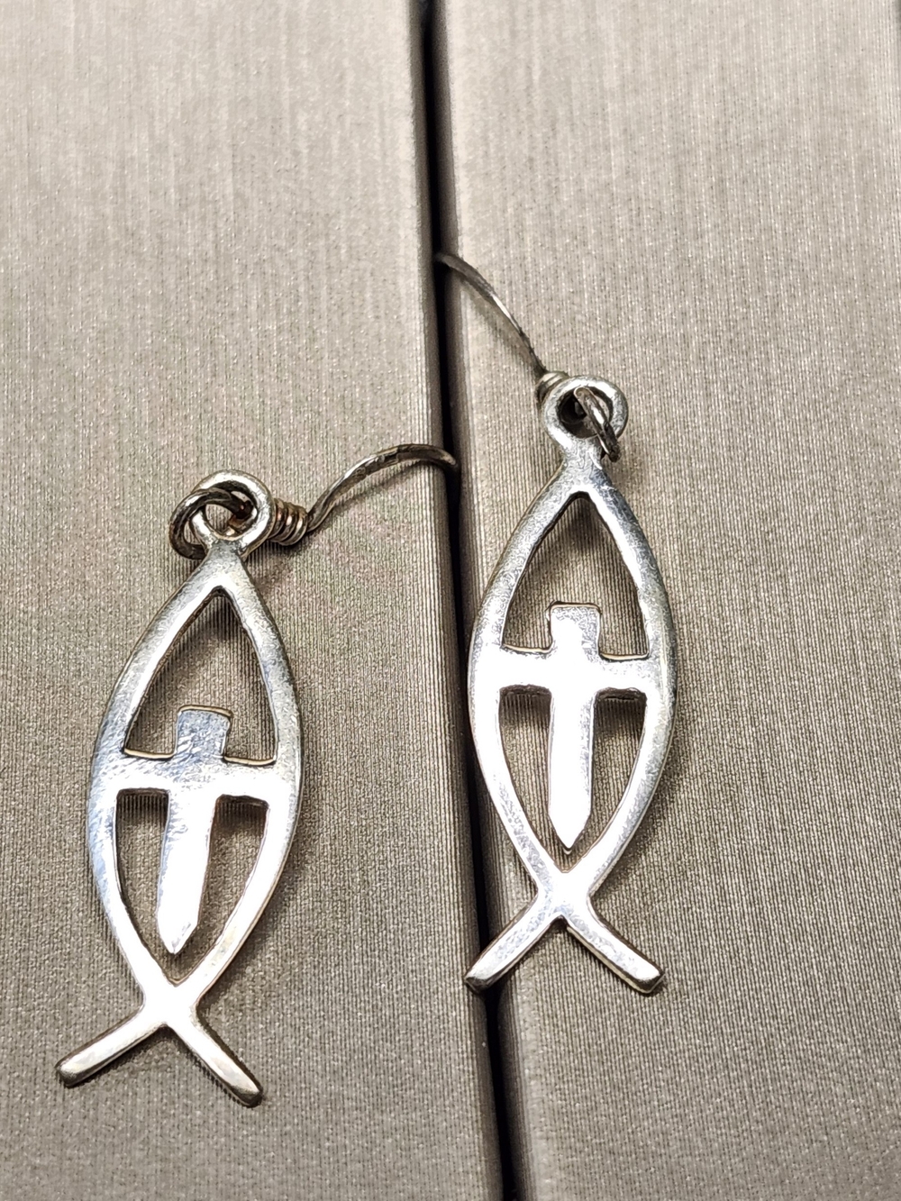 Silver Earrings Cross Ichthys Drop Christian Catholic Fish Design